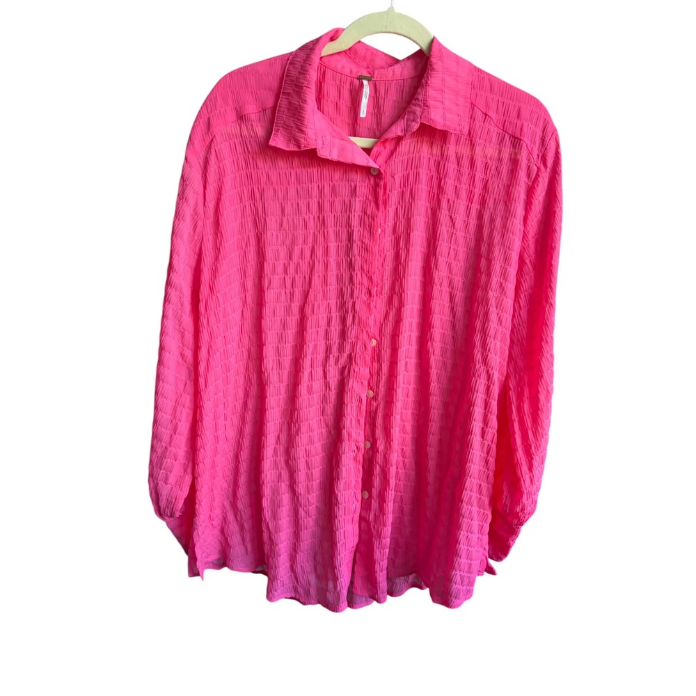 Free‎ People Button Down Pink Boho Textured Long Sleeve Top Small